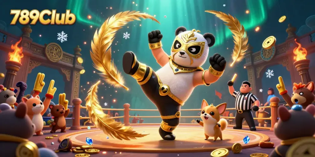 Experience thrilling action at 789Club with panda wrestler, referee, and excited animal spectators.
