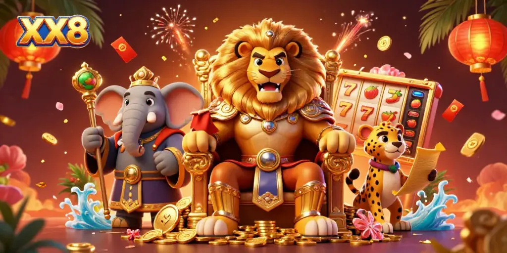 Experience thrilling action with the XX8 lion king on a treasure throne, spinning slot reels nearby.