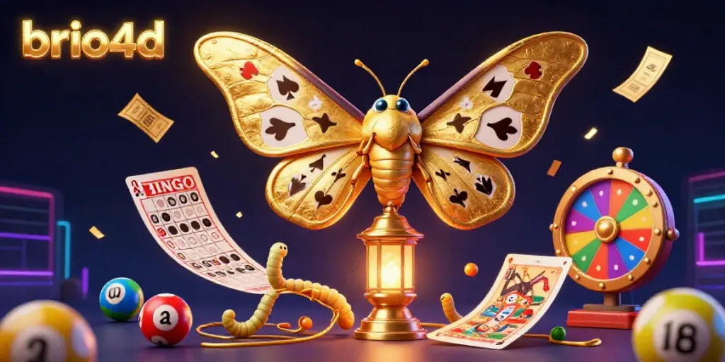 Experience vibrant casino energy with brio4d's 3D illustration, featuring moths, lottery elements, and golden prizes.